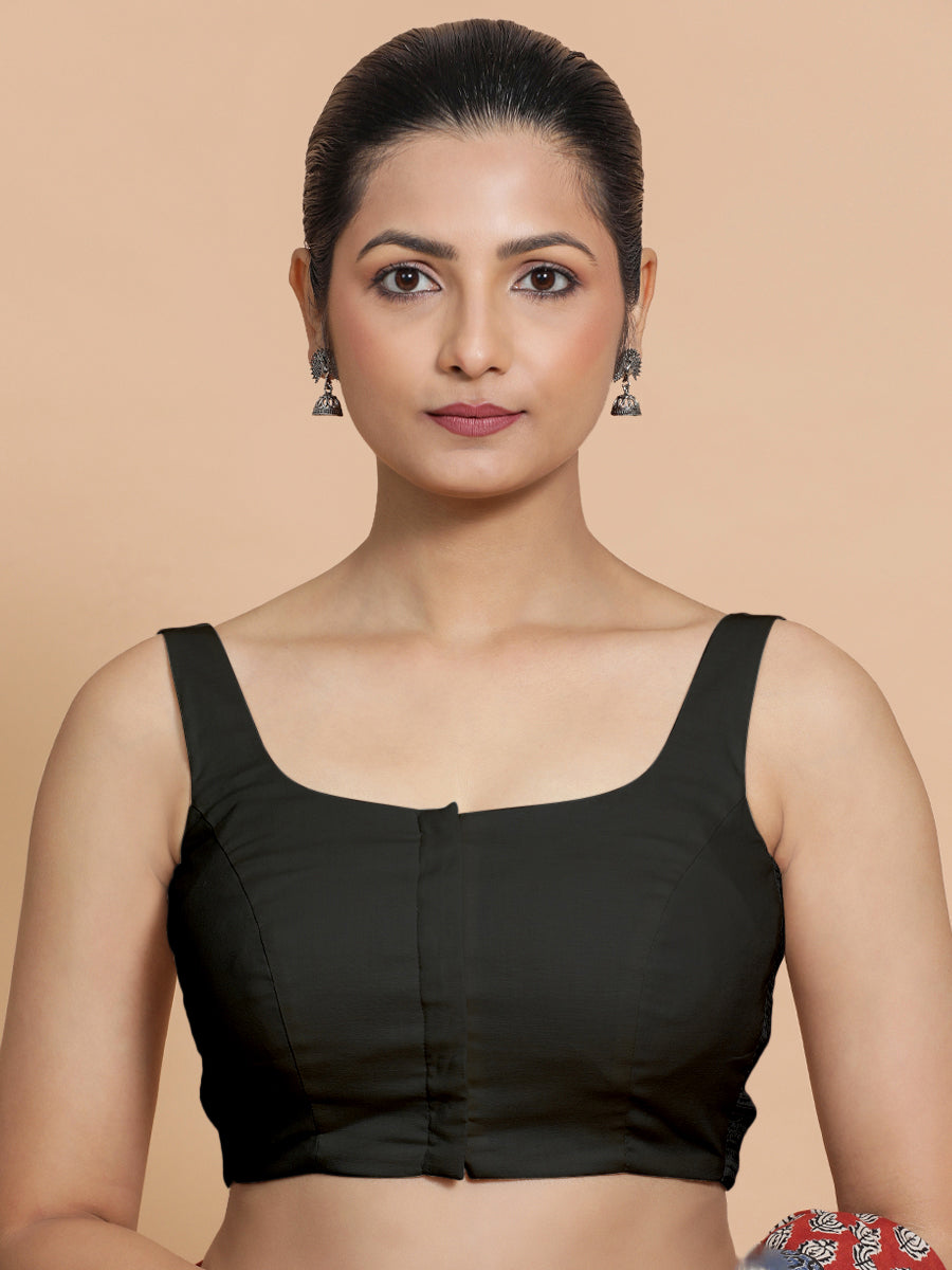 Nisha x Rozaana Saree Blouse, in Black Linen, featuring sleeveless and round neckline, made for daily & work (view 4).