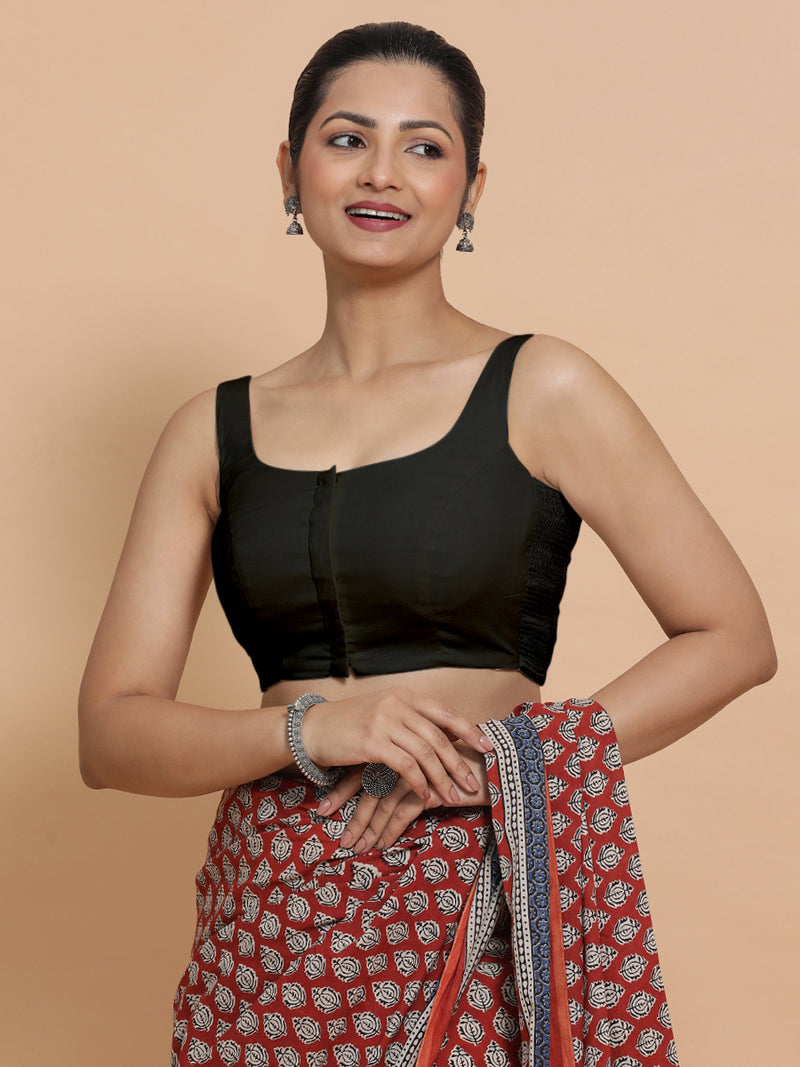 Nisha x Rozaana | Sleeveless Saree Blouse in Ebony Black Linen-Binks