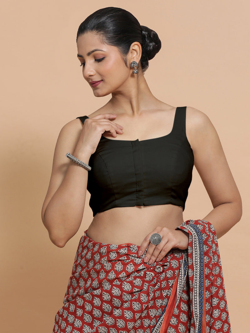Nisha x Rozaana | Sleeveless Saree Blouse in Ebony Black Linen-Binks