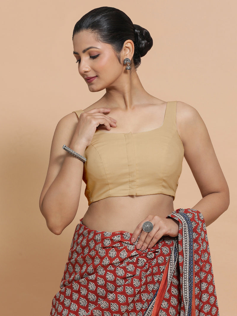 Nisha x Rozaana | Sleeveless Saree Blouse in Ecru Beige Linen-Binks