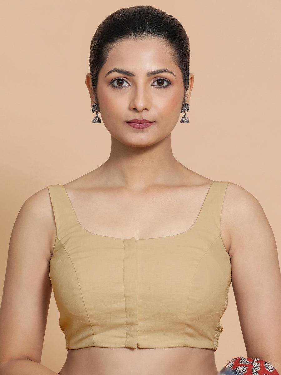 Nisha x Rozaana Saree Blouse, in Beige Linen, featuring sleeveless and round neckline, made for daily & work (view 4).