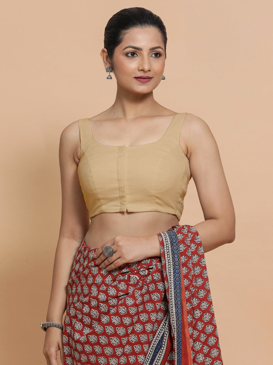 Nisha x Rozaana Saree Blouse, in Beige Linen, featuring sleeveless and round neckline, made for daily & work (view 5).