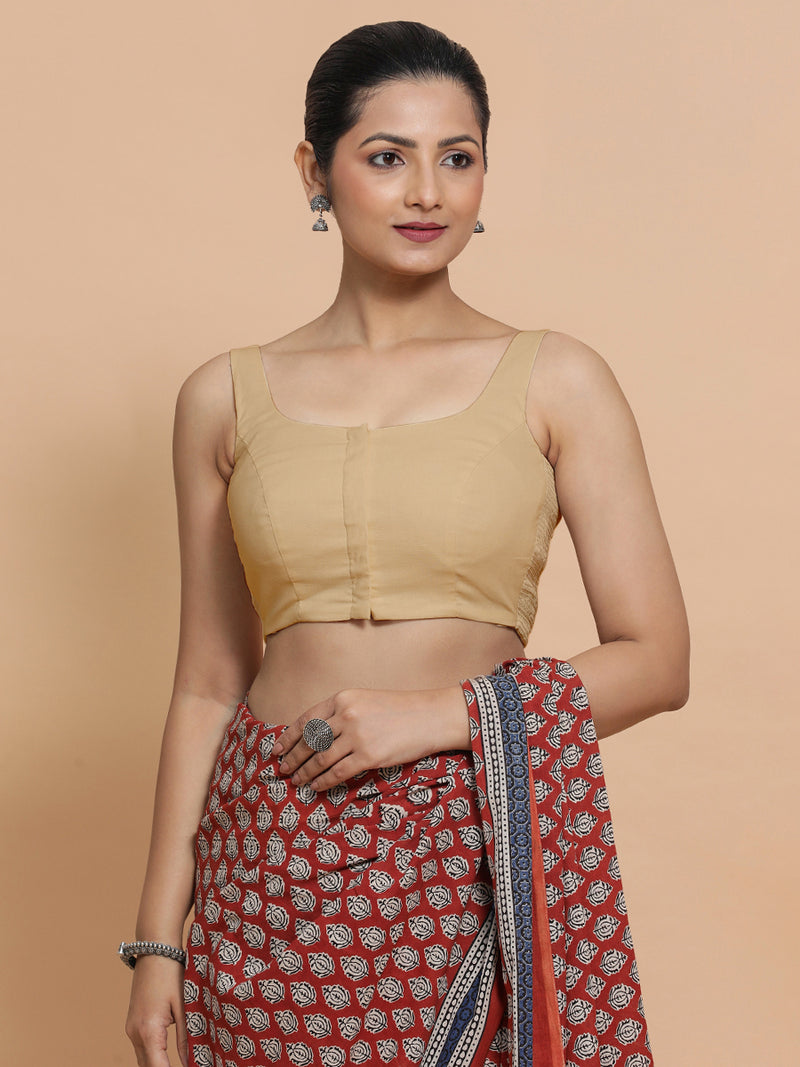 Nisha x Rozaana | Sleeveless Saree Blouse in Ecru Beige Linen-Binks