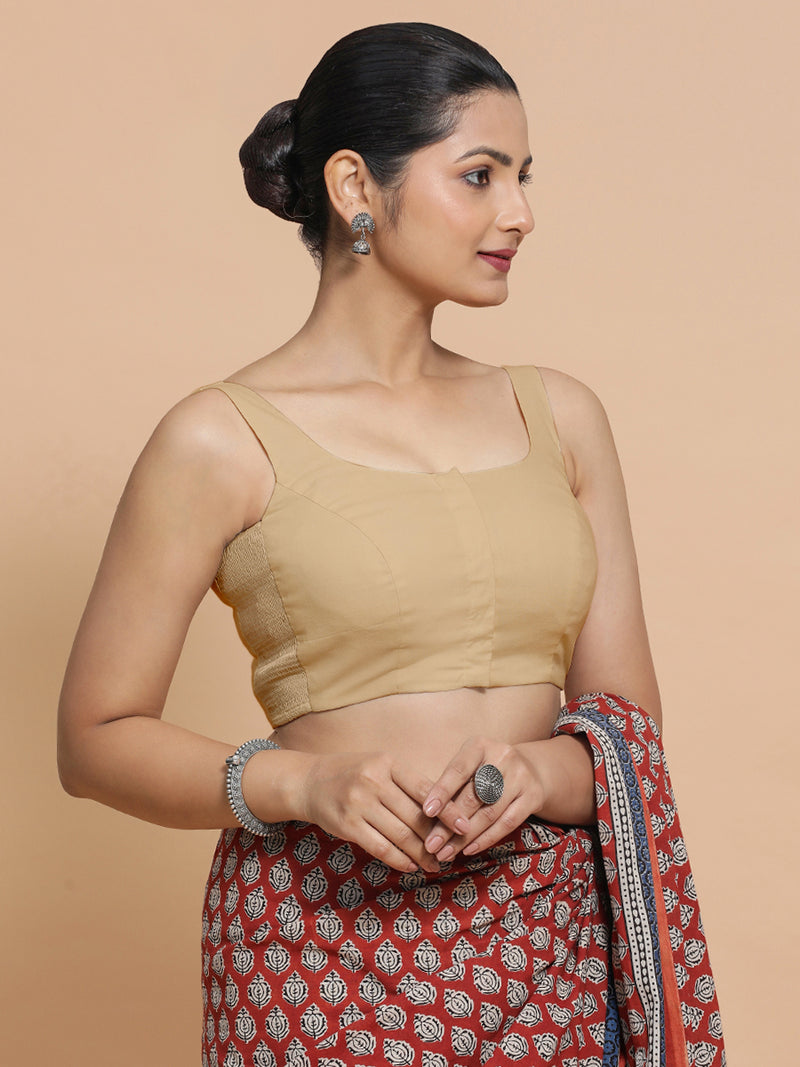 Nisha x Rozaana | Sleeveless Saree Blouse in Ecru Beige Linen-Binks