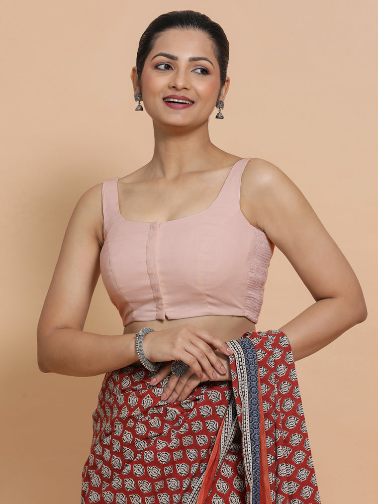 Nisha x Rozaana Saree Blouse, in Pink Linen, featuring sleeveless and round neckline, made for daily & work.