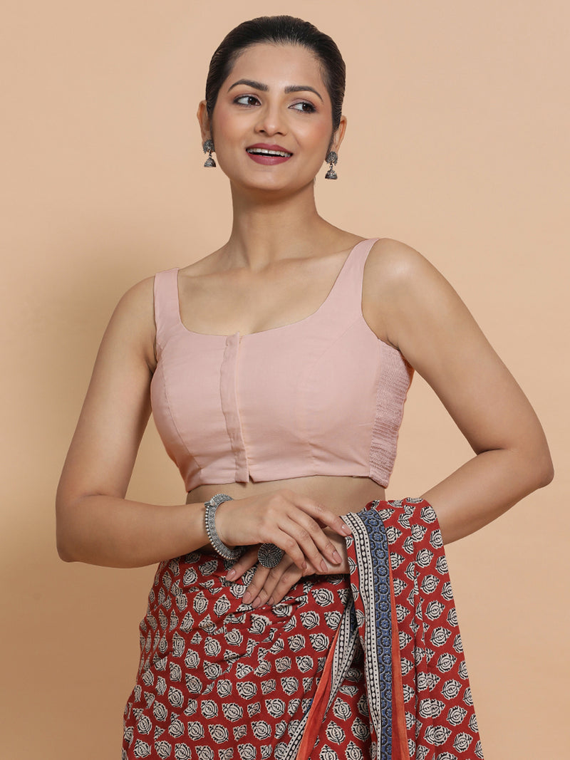 Nisha x Rozaana | Sleeveless Saree Blouse in Misty Pink Linen-Binks