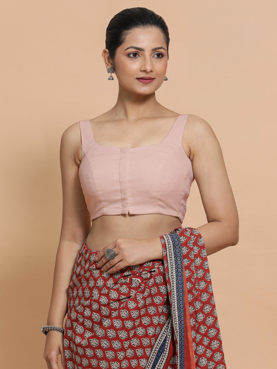 Nisha x Rozaana Saree Blouse, in Pink Linen, featuring sleeveless and round neckline, made for daily & work (view 5).