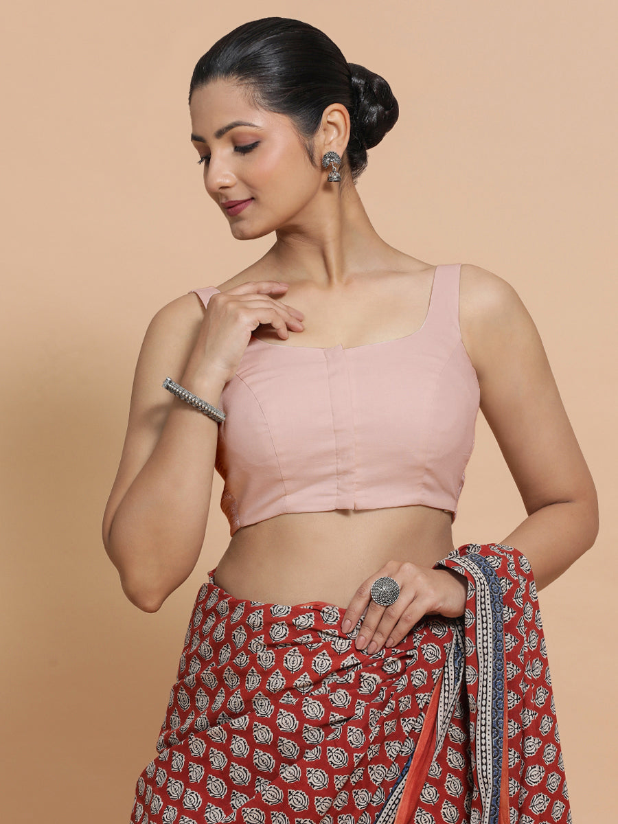 Nisha x Rozaana Saree Blouse, in Pink Linen, featuring sleeveless and round neckline, made for daily & work (view 7).
