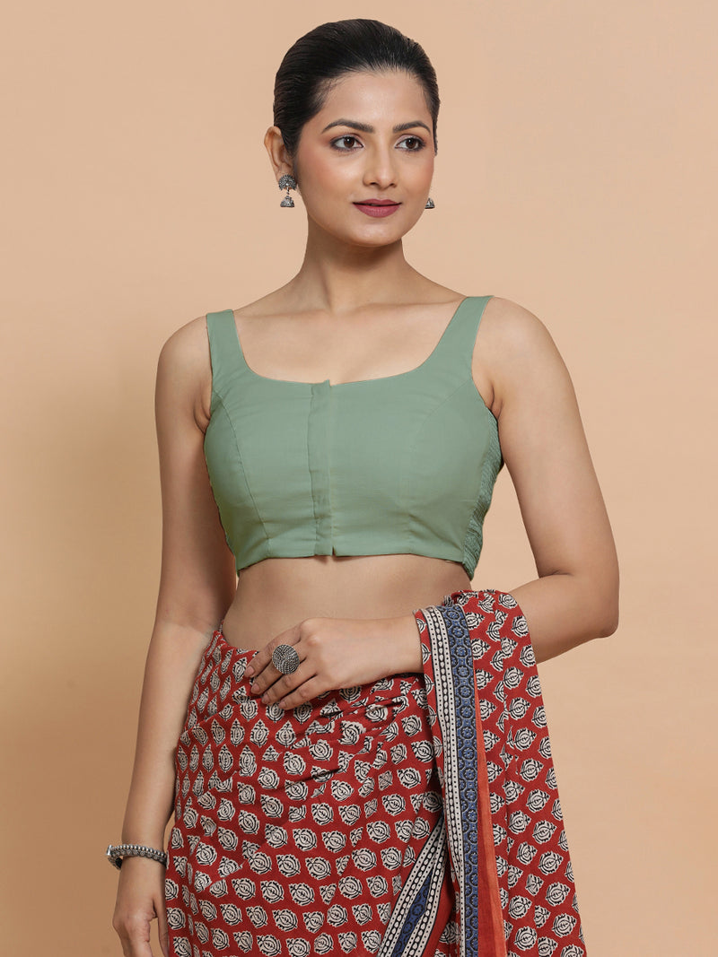 Nisha x Rozaana | Sleeveless Saree Blouse in Peppermint Green Linen-Binks