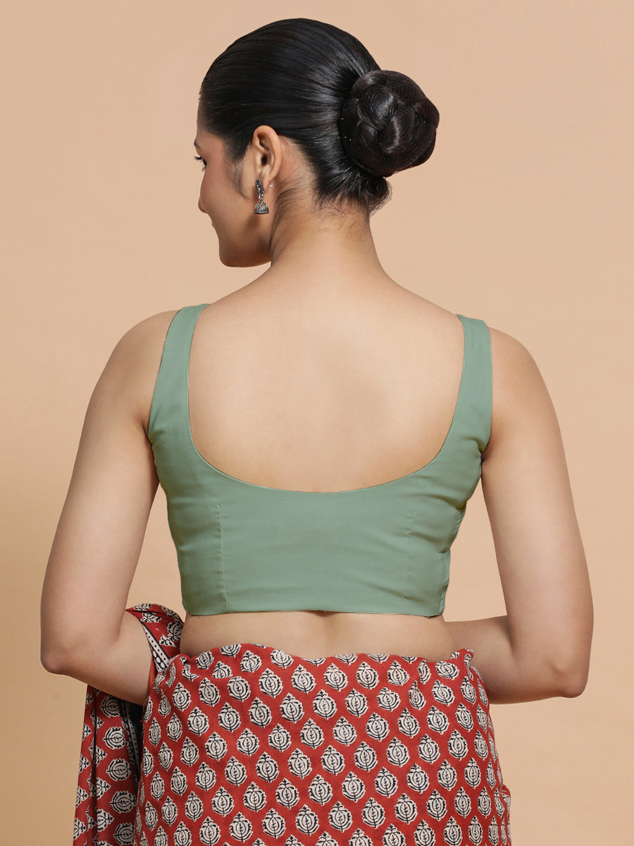 Nisha x Rozaana Saree Blouse, in Green Linen, featuring sleeveless and round neckline, made for daily & work (view 2).