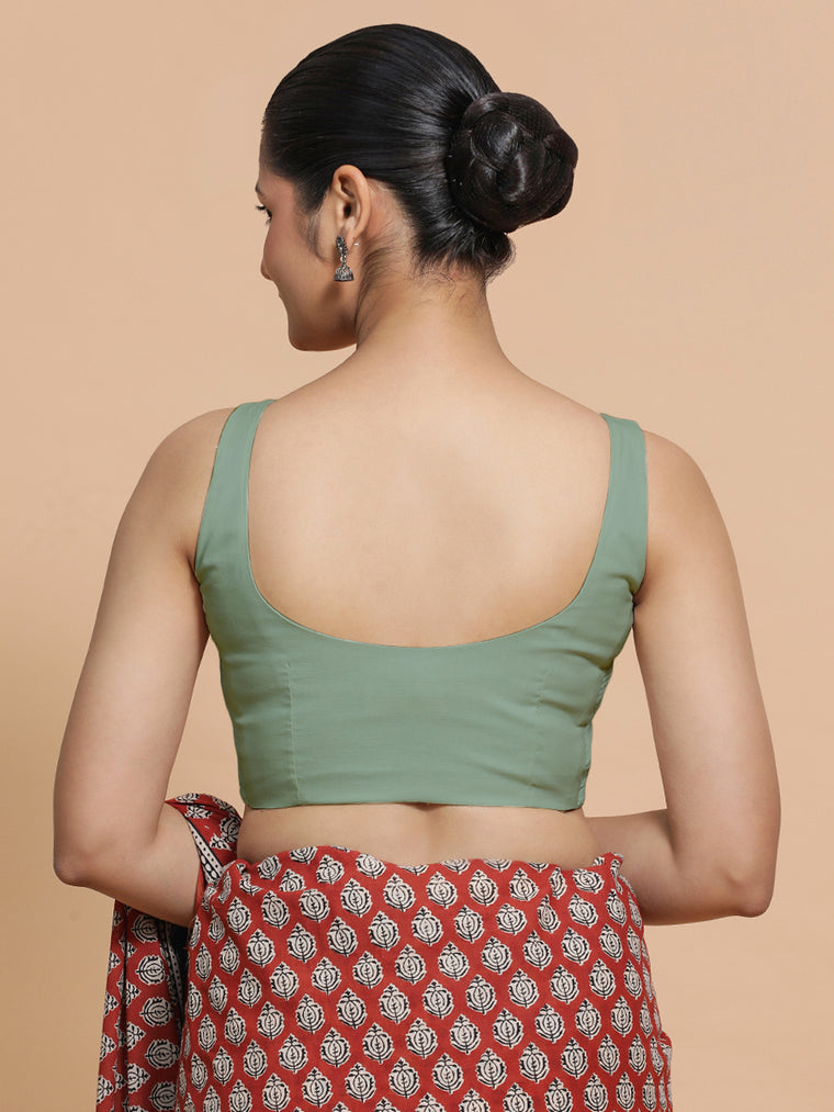 Nisha x Rozaana Saree Blouse, in Green Linen, featuring sleeveless and round neckline, made for daily & work (view 2).
