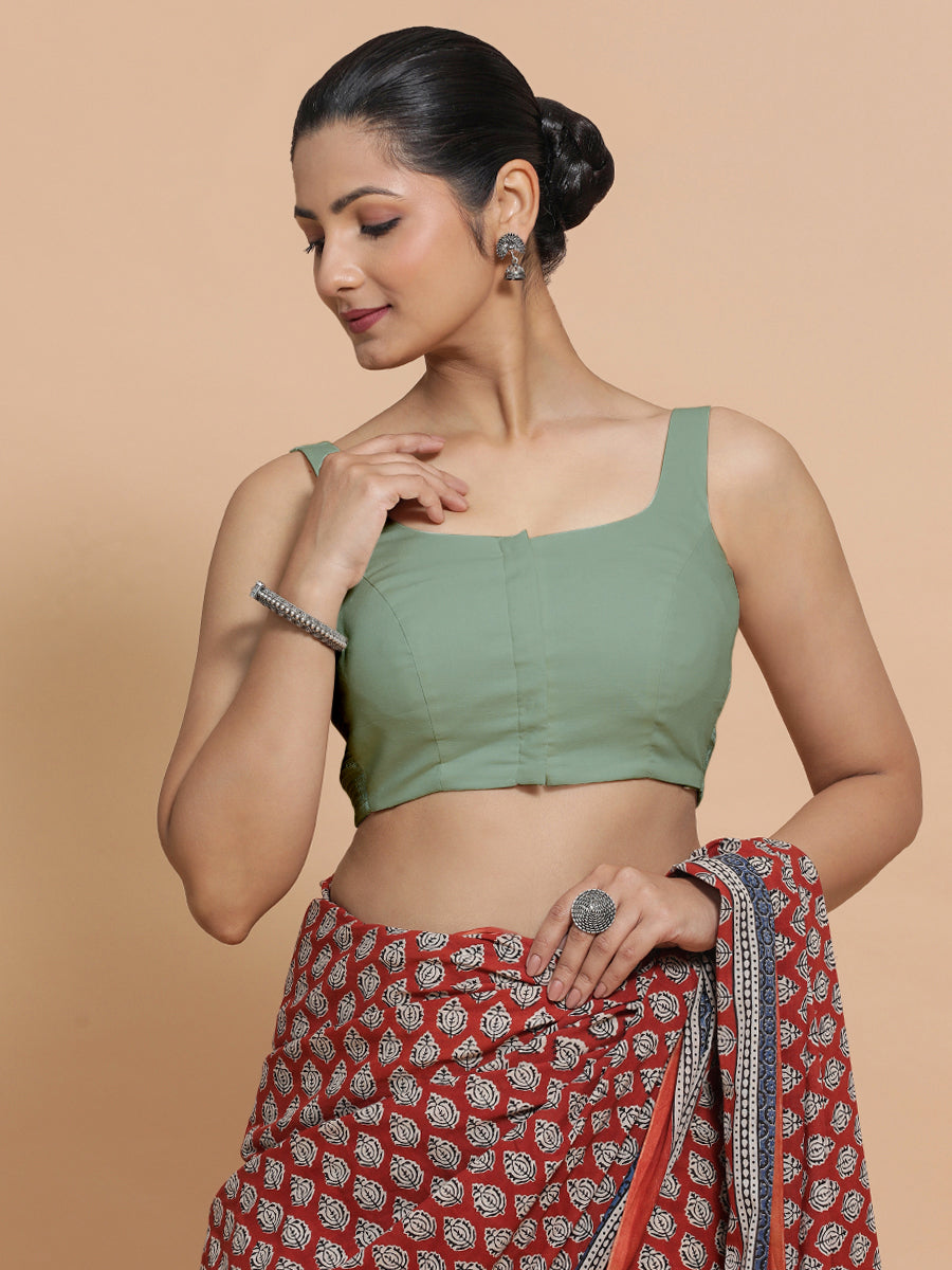Nisha x Rozaana Saree Blouse, in Green Linen, featuring sleeveless and round neckline, made for daily & work (view 7).