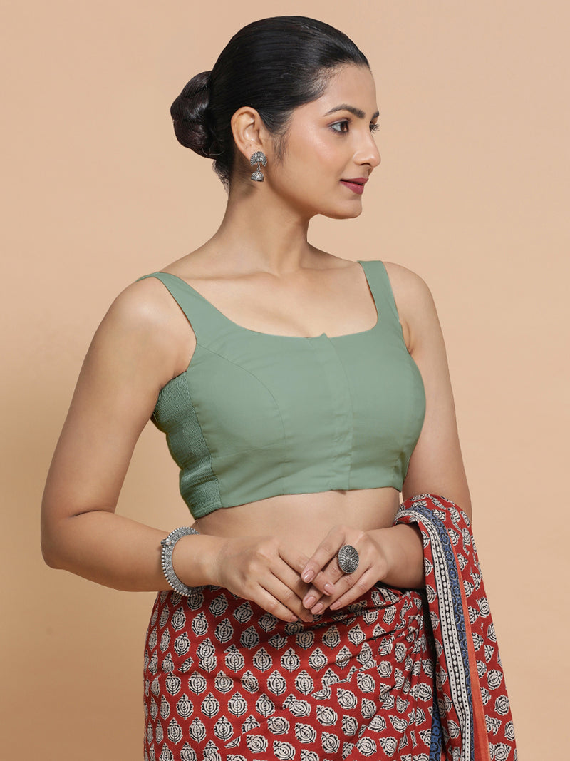 Nisha x Rozaana | Sleeveless Saree Blouse in Peppermint Green Linen-Binks