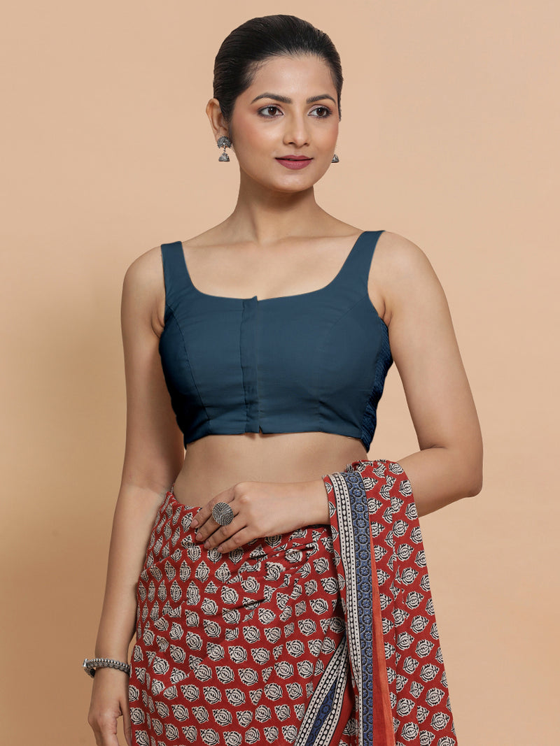 Nisha x Rozaana | Sleeveless Saree Blouse in Regal Blue Linen-Binks