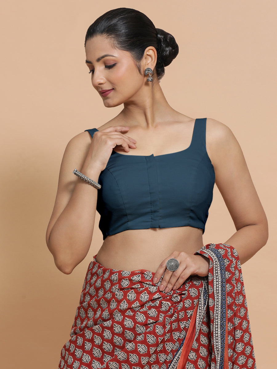 Nisha x Rozaana Saree Blouse, in Blue Linen, featuring sleeveless and round neckline, made for daily & work (view 7).