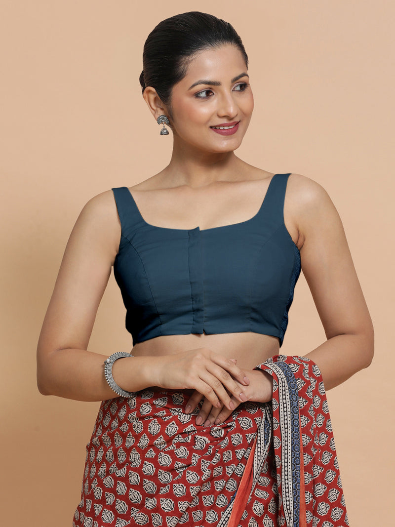 Nisha x Rozaana | Sleeveless Saree Blouse in Regal Blue Linen-Binks