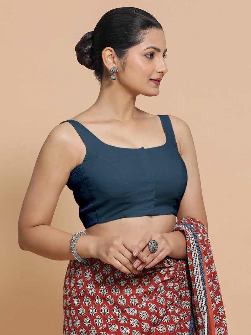 Nisha x Rozaana | Sleeveless Saree Blouse in Regal Blue Linen-Binks