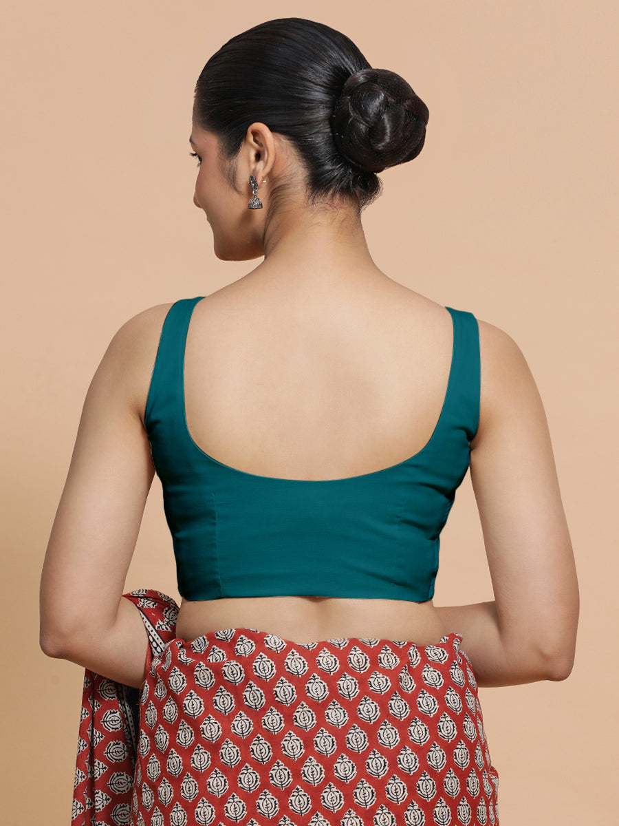 Nisha x Rozaana Saree Blouse, in Blue Linen, featuring sleeveless and round neckline, made for daily & work (view 2).
