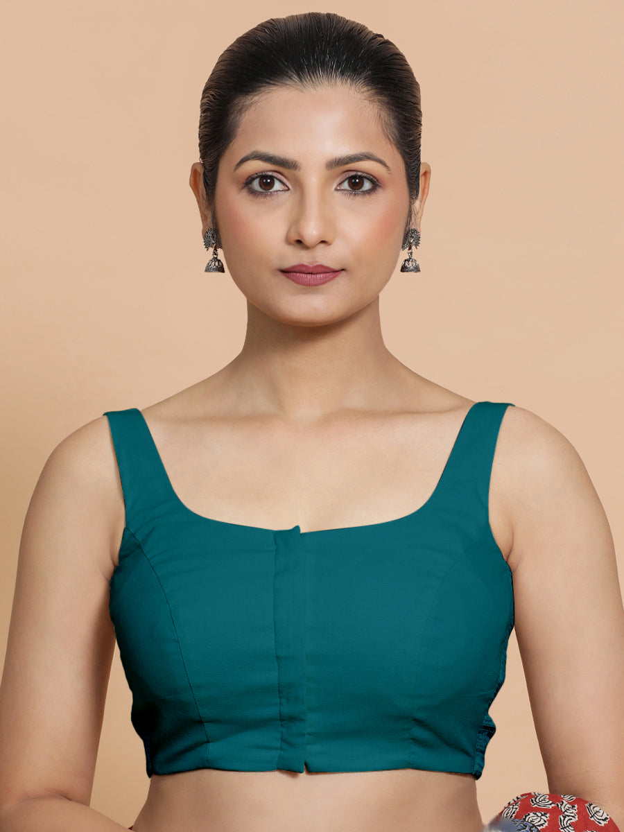 Nisha x Rozaana Saree Blouse, in Blue Linen, featuring sleeveless and round neckline, made for daily & work (view 4).