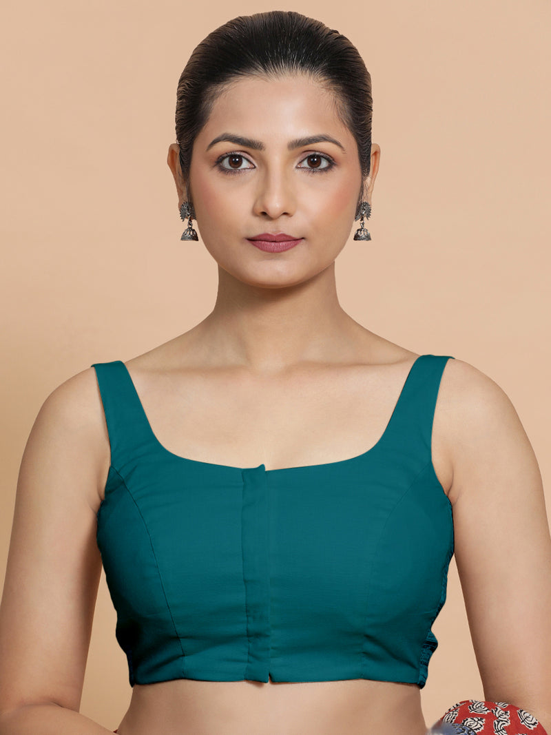 Nisha x Rozaana | Sleeveless Saree Blouse in Teal Blue Linen-Binks
