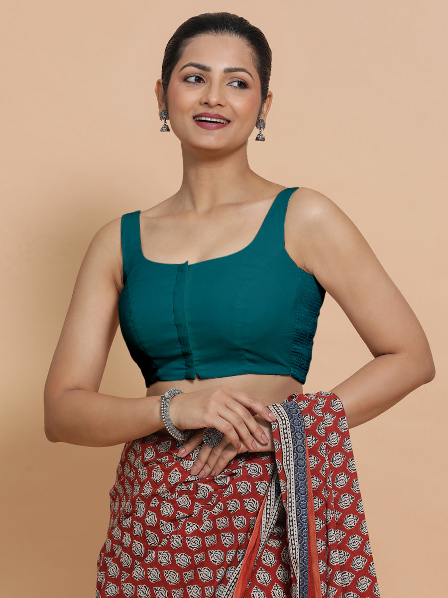 Nisha x Rozaana Saree Blouse, in Blue Linen, featuring sleeveless and round neckline, made for daily & work (view 6).