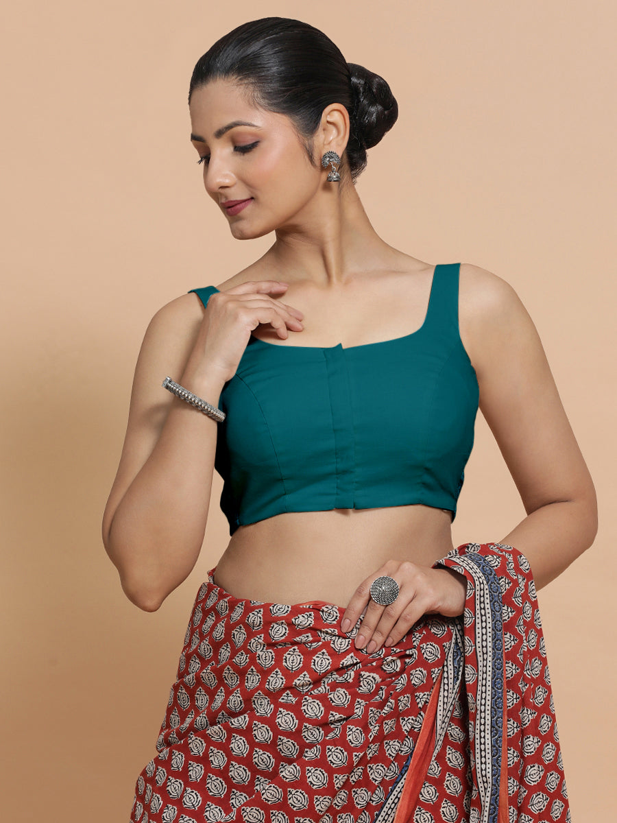 Nisha x Rozaana Saree Blouse, in Blue Linen, featuring sleeveless and round neckline, made for daily & work (view 7).