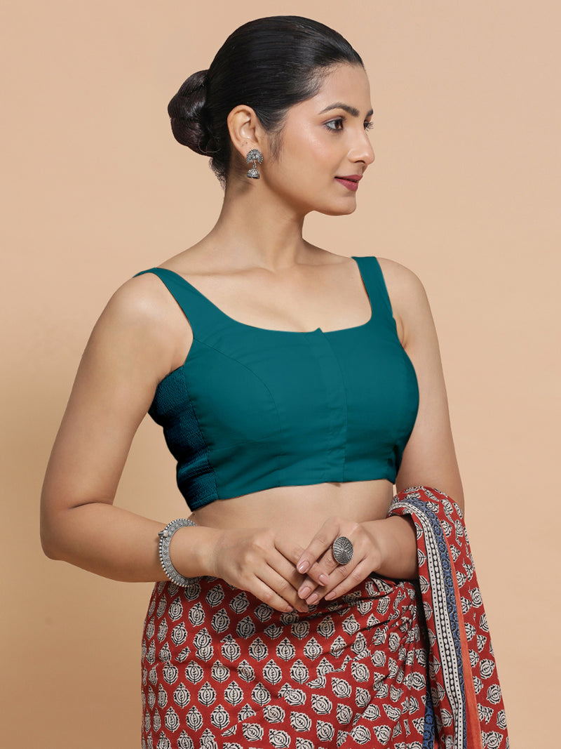 Nisha x Rozaana | Sleeveless Saree Blouse in Teal Blue Linen-Binks
