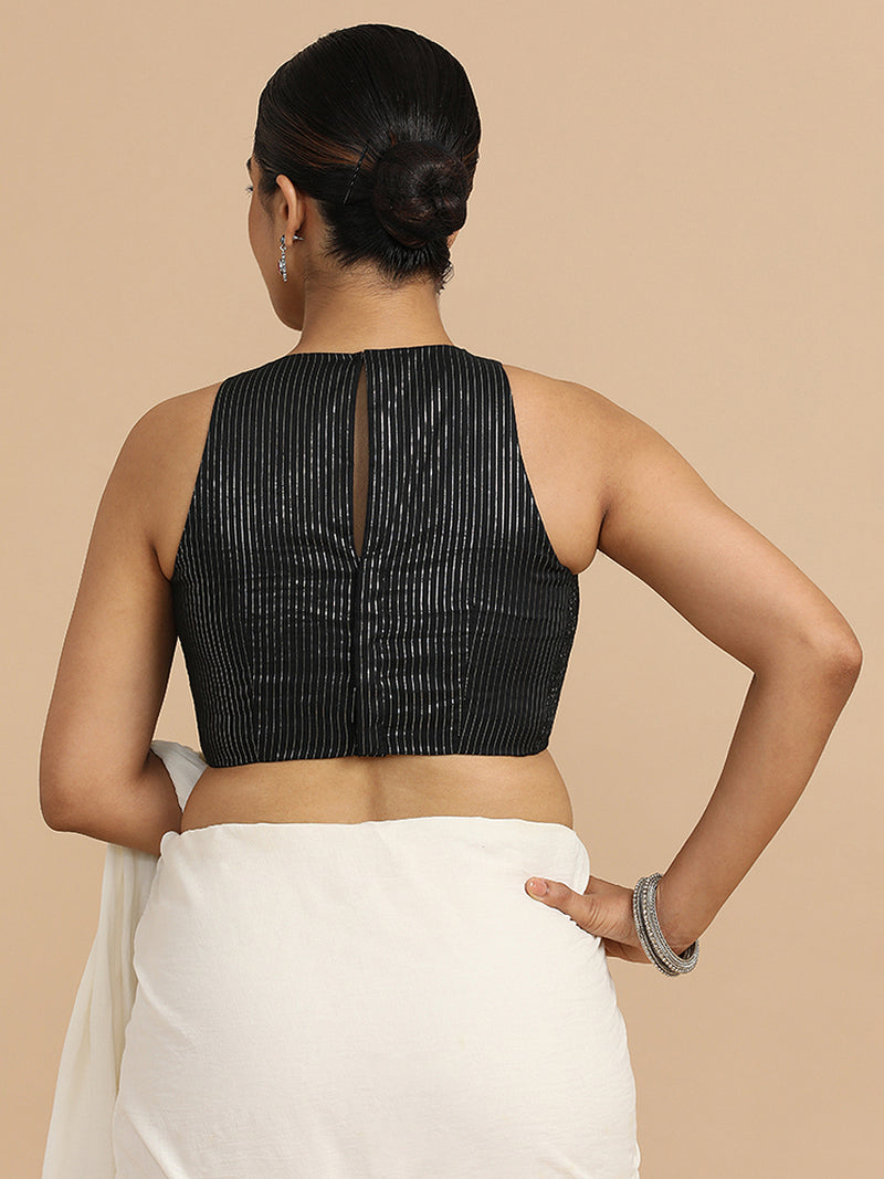 Nitu x Rozaana | Sleeveless Saree Blouse in Black Silver Stripe Cotton-Binks