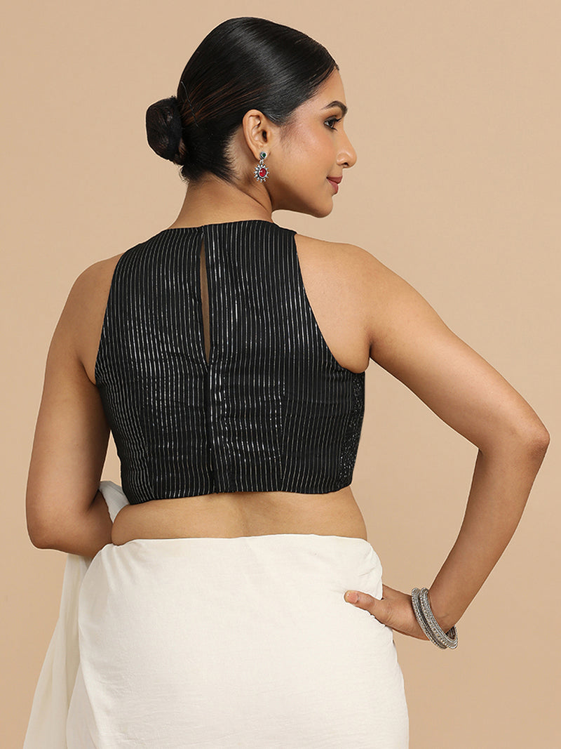 Nitu x Rozaana | Sleeveless Saree Blouse in Black Silver Stripe Cotton-Binks