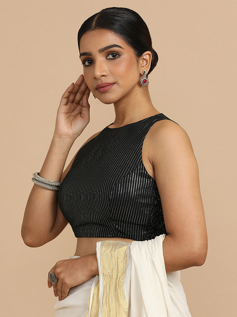 Nitu x Rozaana | Sleeveless Saree Blouse in Black Silver Stripe Cotton-Binks