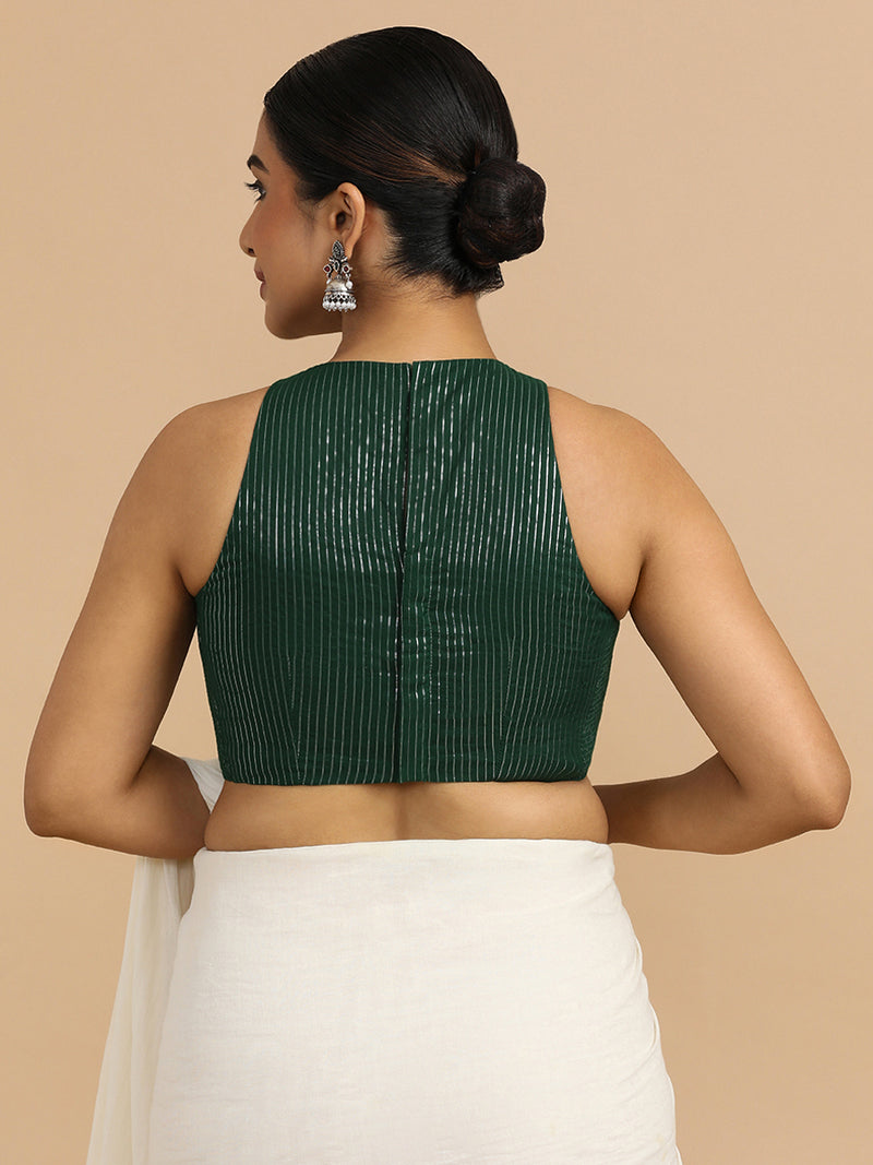 Nitu x Rozaana | Sleeveless Saree Blouse in Dark Green Silver Stripe Cotton-Binks
