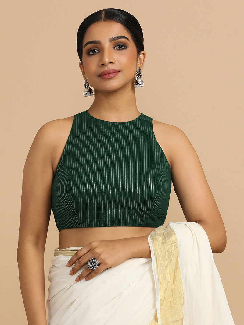 Nitu x Rozaana | Sleeveless Saree Blouse in Dark Green Silver Stripe Cotton-Binks