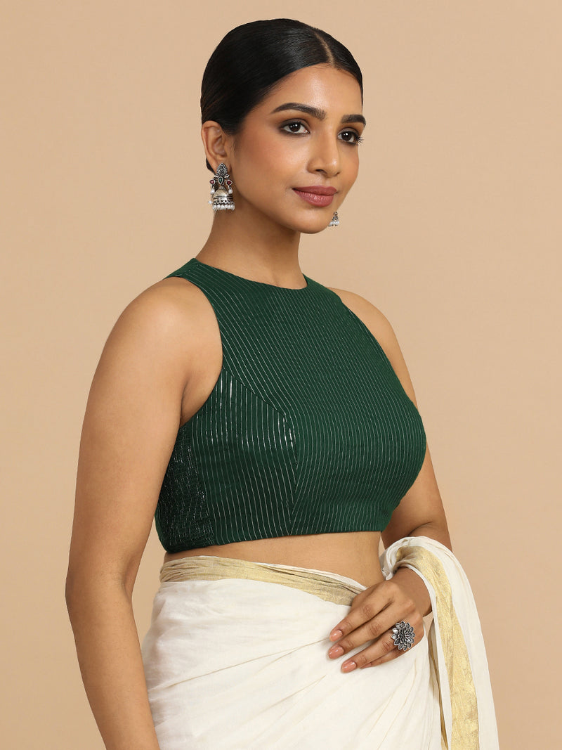 Nitu x Rozaana | Sleeveless Saree Blouse in Dark Green Silver Stripe Cotton-Binks