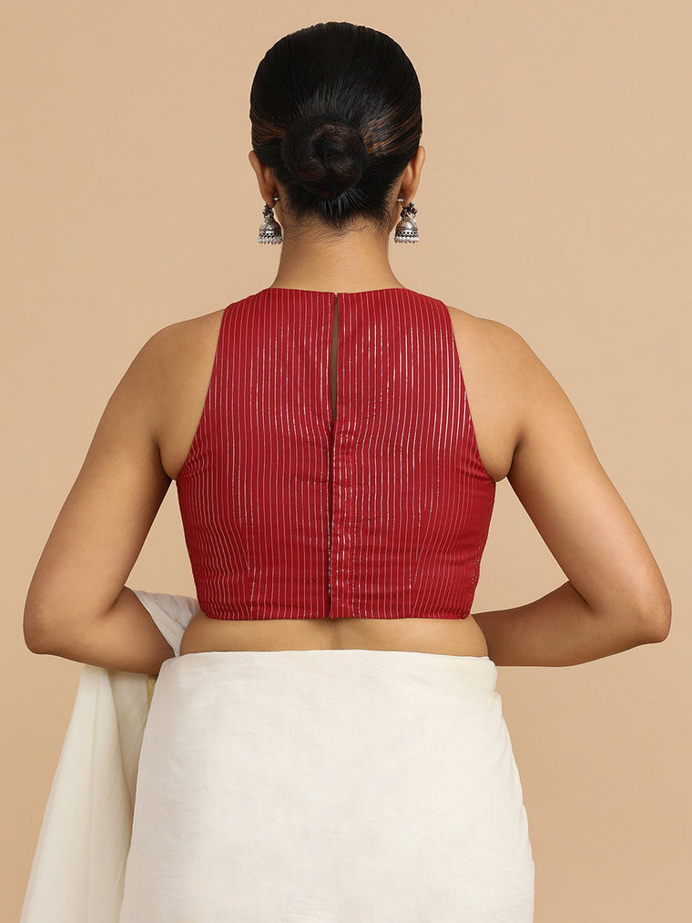 Nitu x Rozaana Saree Blouse, in Red 100% Cotton & Lurex, featuring sleeveless and jewel neckline, made for party & festive.