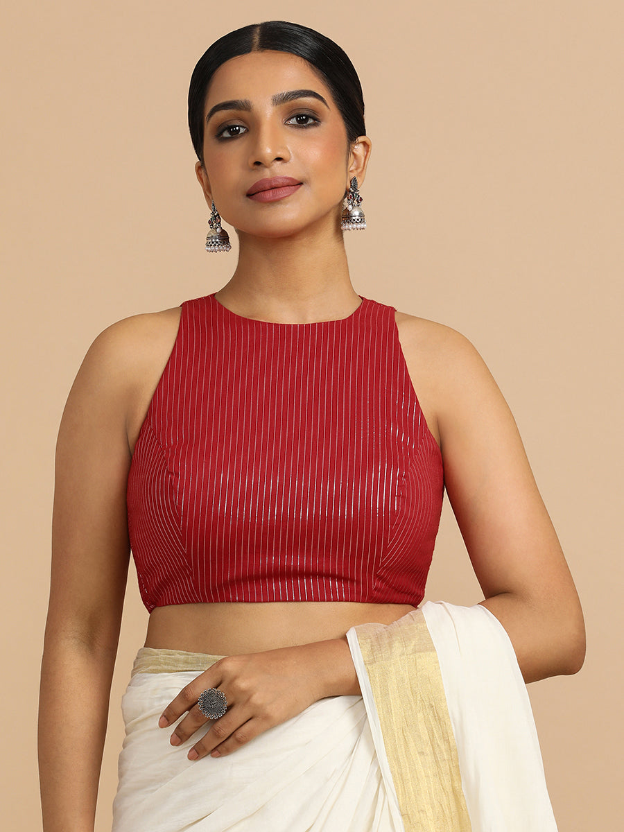 Nitu x Rozaana Saree Blouse, in Red 100% Cotton & Lurex, featuring sleeveless and jewel neckline, made for party & festive.