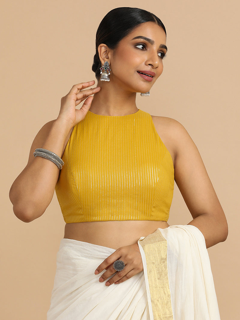 Nitu x Rozaana | Sleeveless Saree Blouse in Turmeric Yellow Silver Stripe Cotton-Binks
