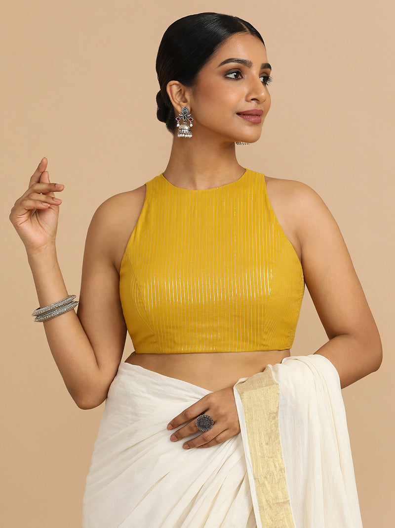 Nitu x Rozaana | Sleeveless Saree Blouse in Turmeric Yellow Silver Stripe Cotton-Binks
