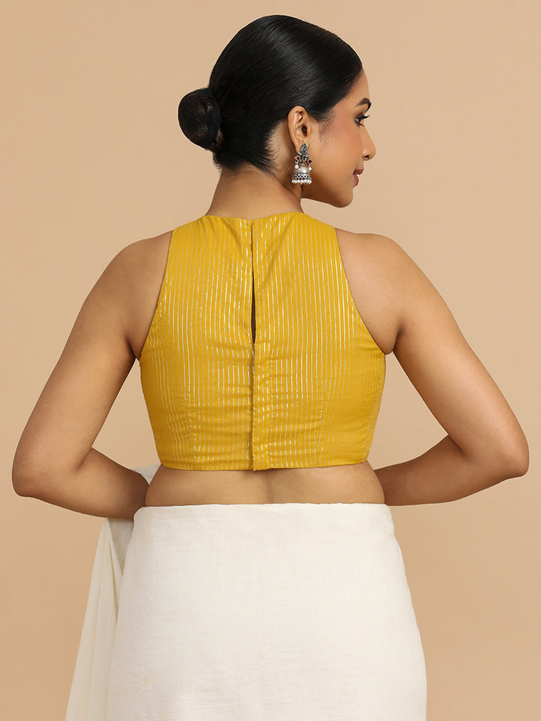 Nitu x Rozaana Saree Blouse, in Yellow 100% Cotton & Lurex, featuring sleeveless and jewel neckline (view 2).
