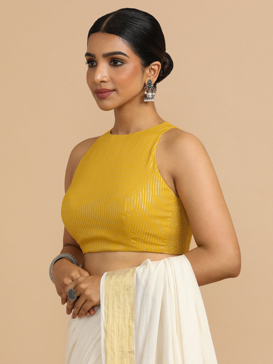 Nitu x Rozaana Saree Blouse, in Yellow 100% Cotton & Lurex, featuring sleeveless and jewel neckline (view 6).