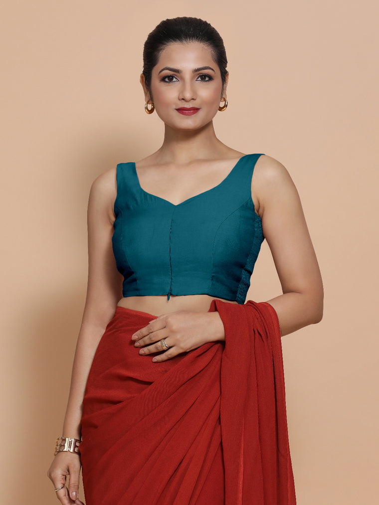 Nitya x Rozaana Saree Blouse, in Blue Viscose, featuring sleeveless and sweetheart neckline, made for daily & work.
