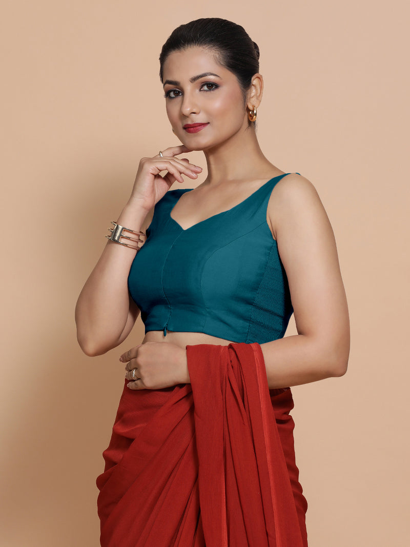 Nitya x Rozaana | Sleeveless Saree Blouse in Crystal Teal-Binks