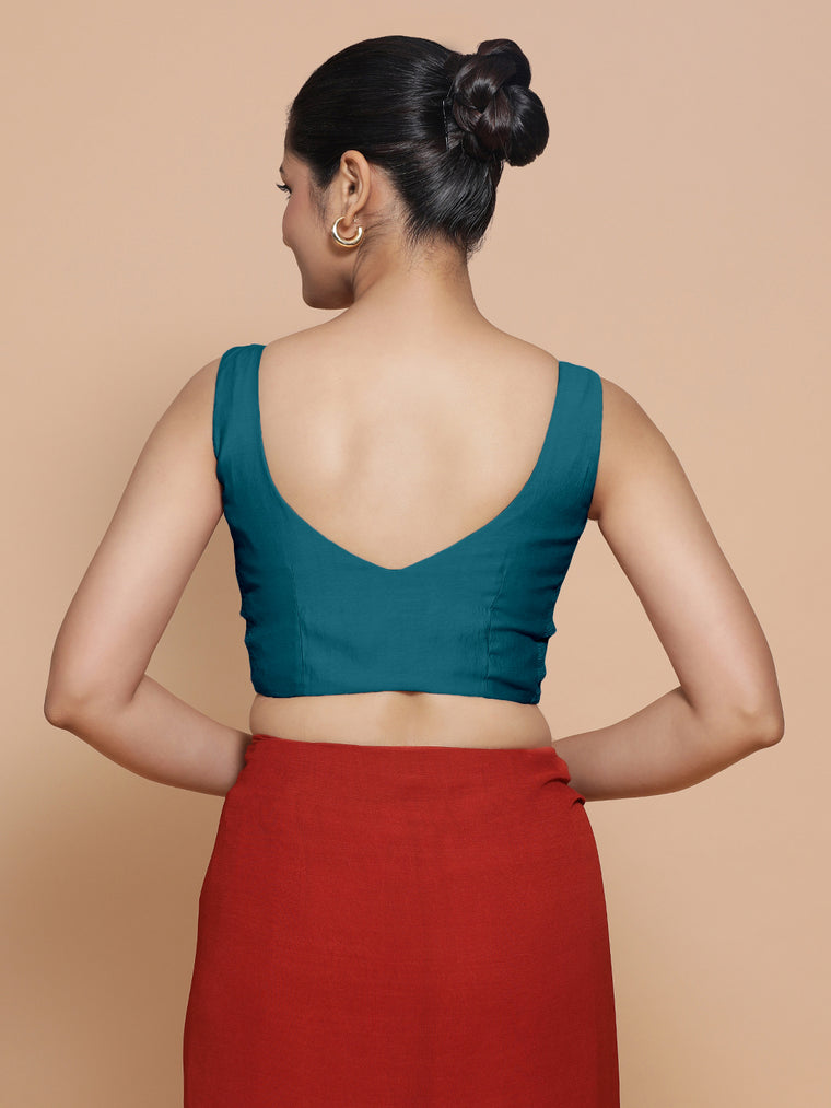 Nitya x Rozaana Saree Blouse, in Blue Viscose, featuring sleeveless and sweetheart neckline, made for daily & work (view 2).