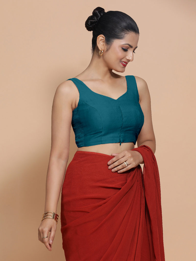 Nitya x Rozaana | Sleeveless Saree Blouse in Crystal Teal-Binks