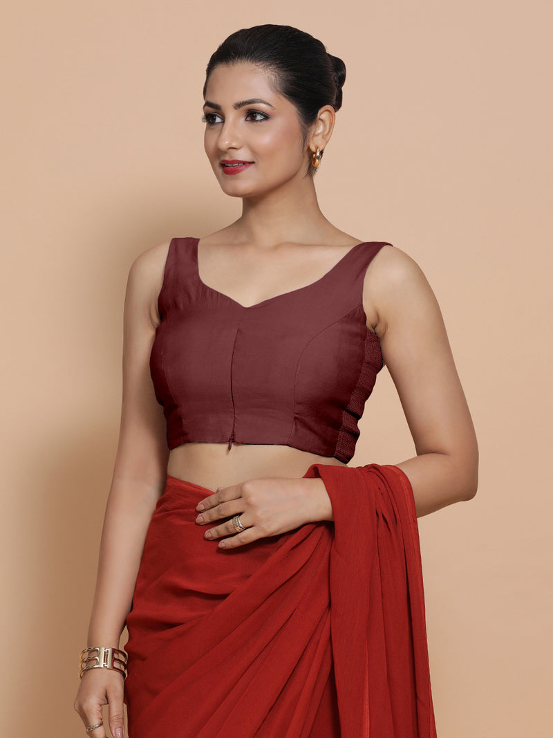 Nitya x Rozaana | Sleeveless Saree Blouse in Deep Maroon-Binks