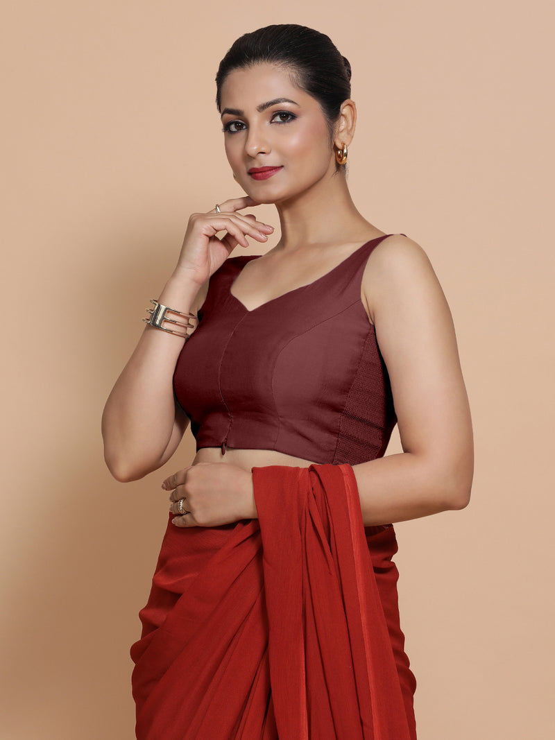 Nitya x Rozaana | Sleeveless Saree Blouse in Deep Maroon-Binks