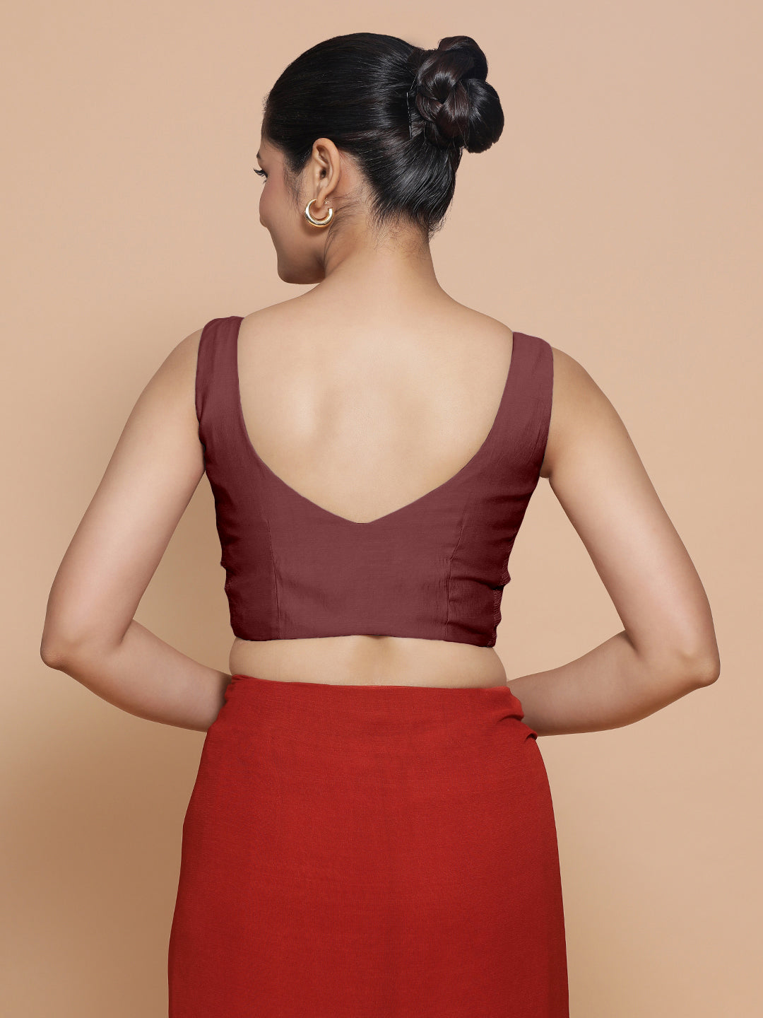 Nitya x Rozaana Saree Blouse, in Maroon Viscose, featuring sleeveless and sweetheart neckline, made for daily & work (view 2).