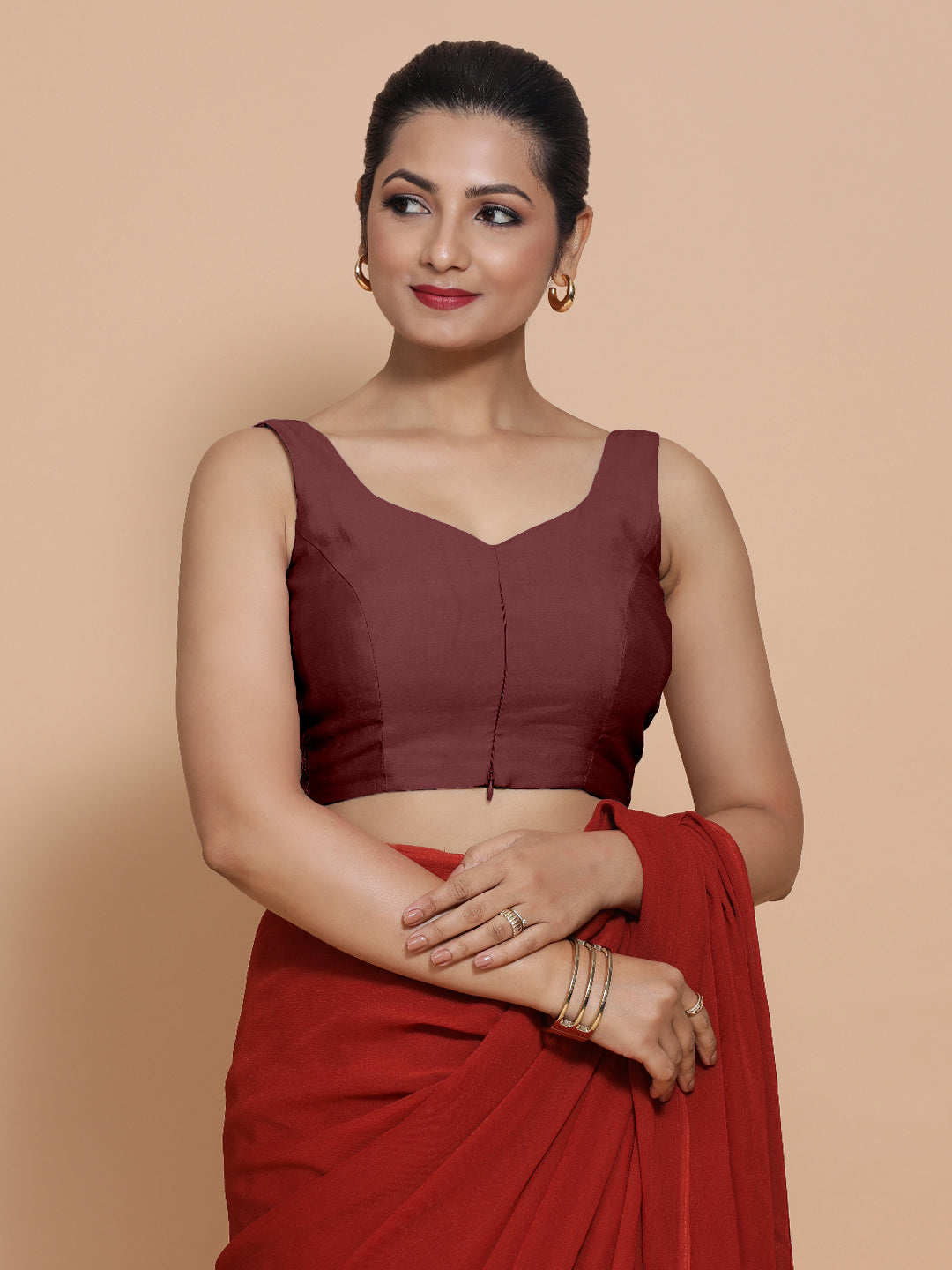 Nitya x Rozaana Saree Blouse, in Maroon Viscose, featuring sleeveless and sweetheart neckline, made for daily & work (view 6).