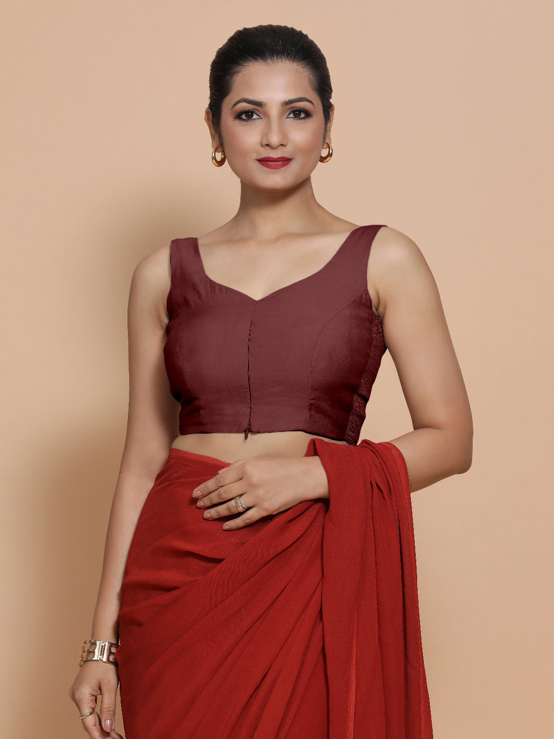 Nitya x Rozaana Saree Blouse, in Maroon Viscose, featuring sleeveless and sweetheart neckline, made for daily & work (view 8).