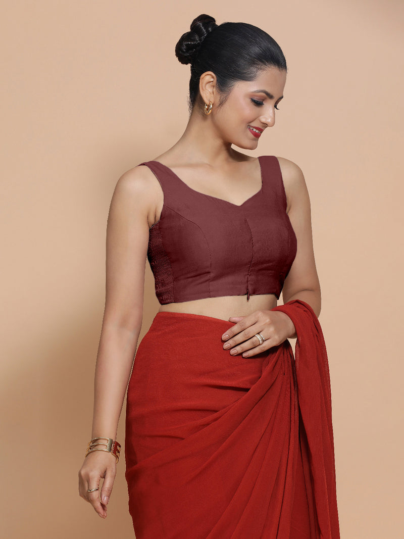 Nitya x Rozaana | Sleeveless Saree Blouse in Deep Maroon-Binks