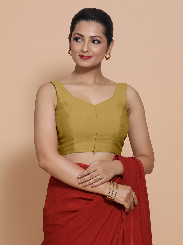 Nitya x Rozaana Saree Blouse, in Yellow Viscose, featuring sleeveless and sweetheart neckline, made for daily & work.